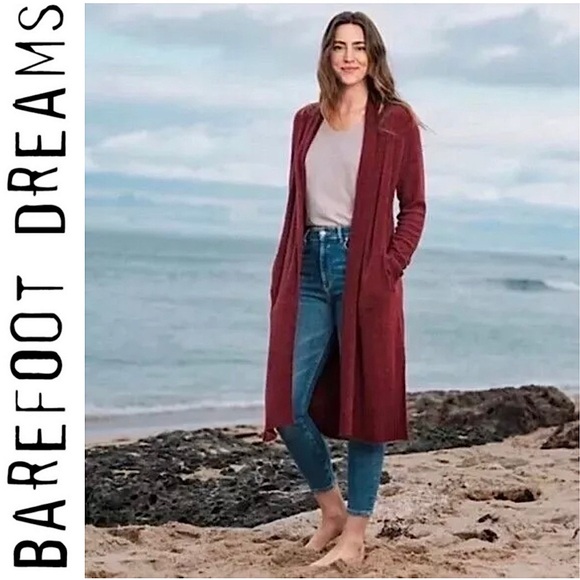 Barefoot Dreams CozyChic Lite Catalina Cardi Sweater Garnet Red Cardigan Duster - Picture 1 of 16